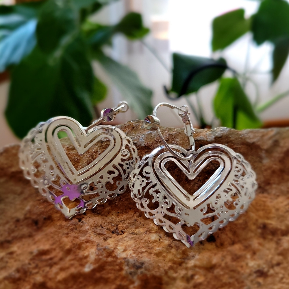 Silver Heart Dangling Hoops Fashion Jewelry